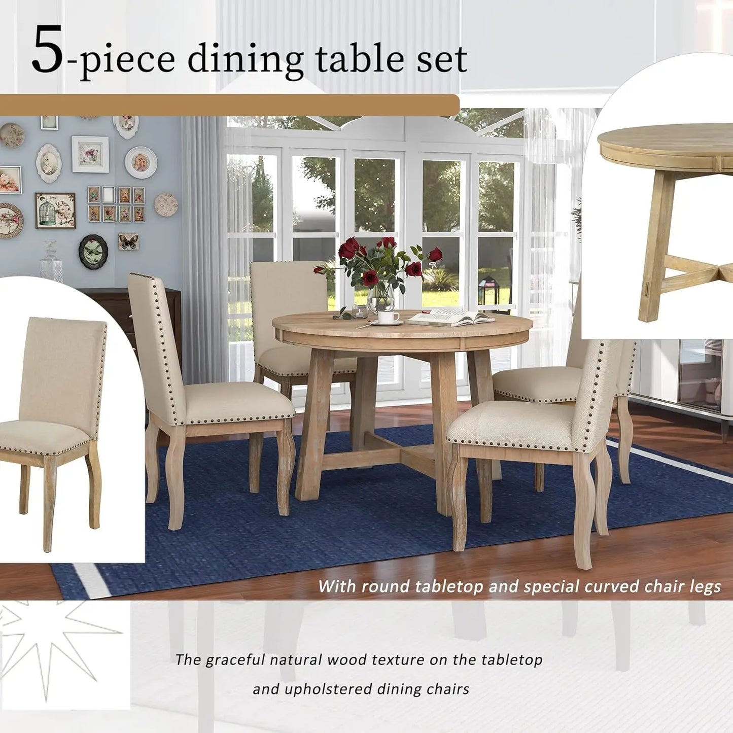 5-Piece Round Dining Table Set, Extendable Table with 4 Upholstered Chairs, Dining Room Table Sets, Kitchen Tables sets