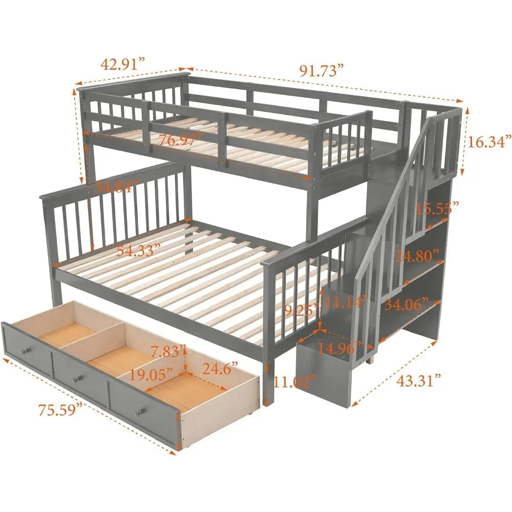 Twin Over Full Bunk Bed with Stairs,Solid Wood Stairway Bunk Bed Frame with Storage Drawers for Kids Teens Adults,Bedroom,Dorm