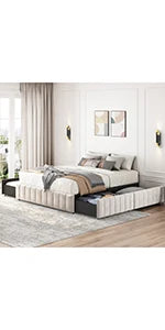 Queen Size Bed Frame with USB Charging Station/Port Storage Drawers,Leather Upholstered Platform Bed with Headboard