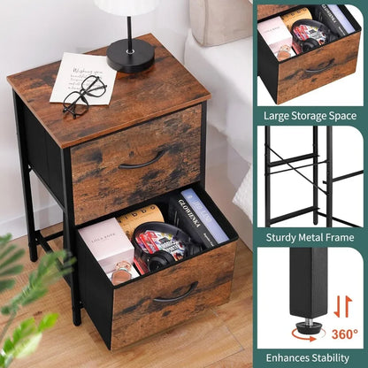 Night Stand Set 2, Nightstand with 2 Fabric Drawers, Small Wood Nightstands for Bedroom, Bedside Tables with Drawers