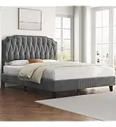 Queen Frame Upholstered Platform Bed With Fabric Headboard, Wing Edge Design/Non-Slip And Noise-Free/Wooden Slats