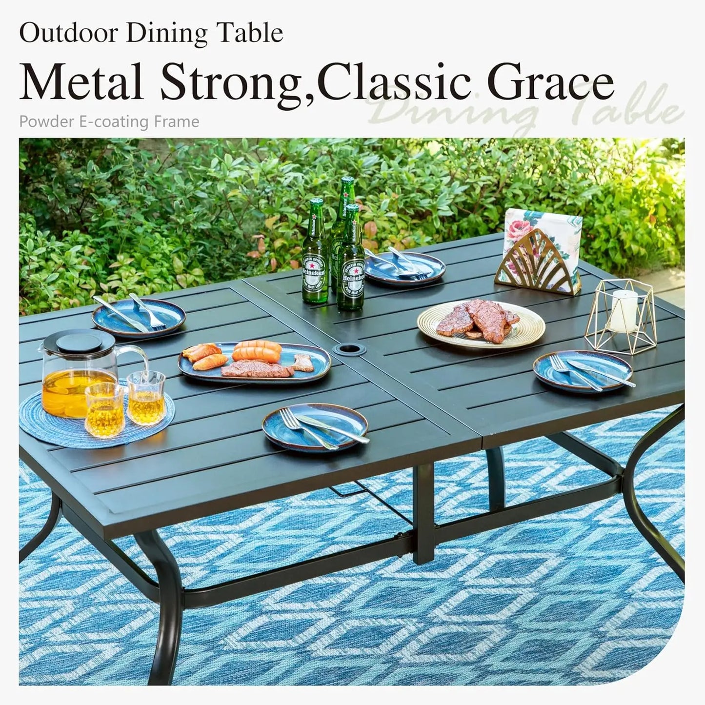 7 Piece Metal Outdoor Patio Dining Bistro Sets with Umbrella Hole-Rectangle Patio Table,6 Backyard Garden Outdoor Chairs