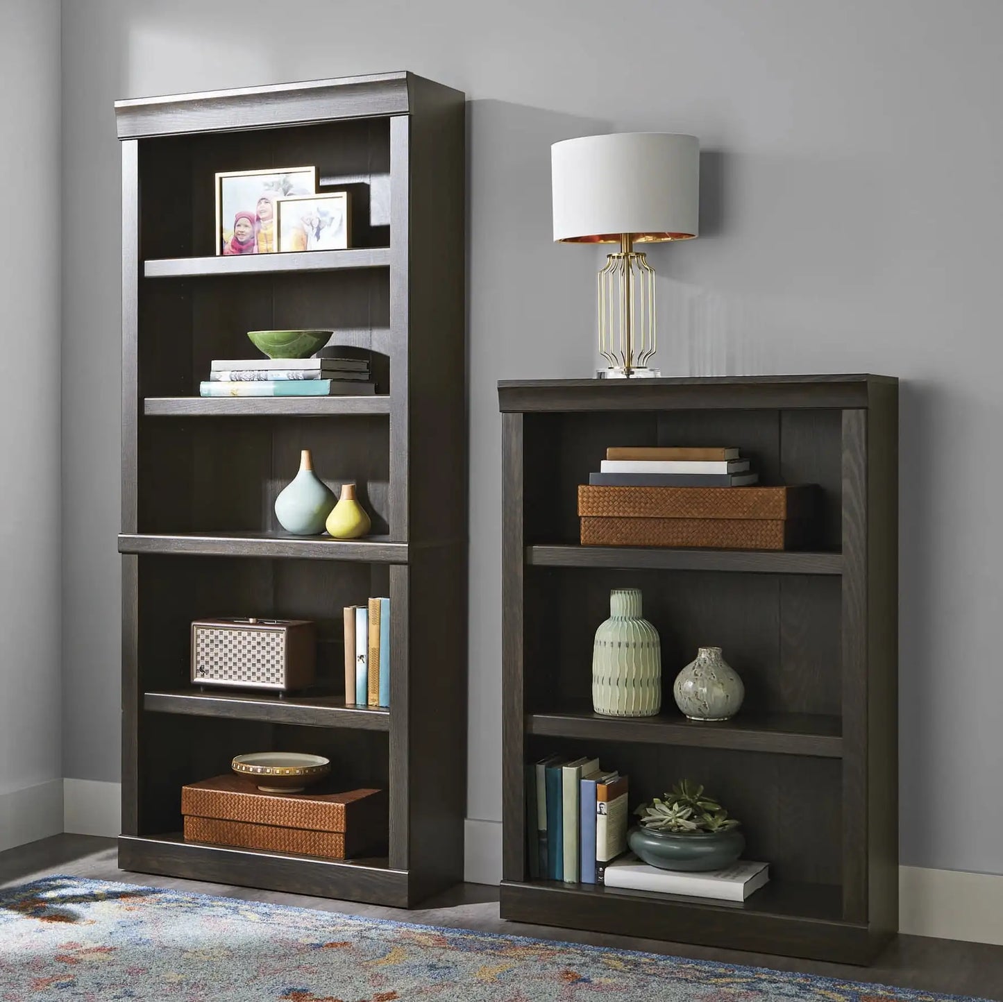 5 shelves of bookcases, study bookshelves with rustic grey finish