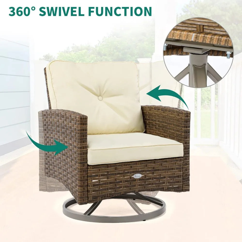 3-Piece Patio Wicker Swivel Chairs, Outdoor Small Furniture Rocking Coversation Chairs with Soft Cushions, Side Table for Garden