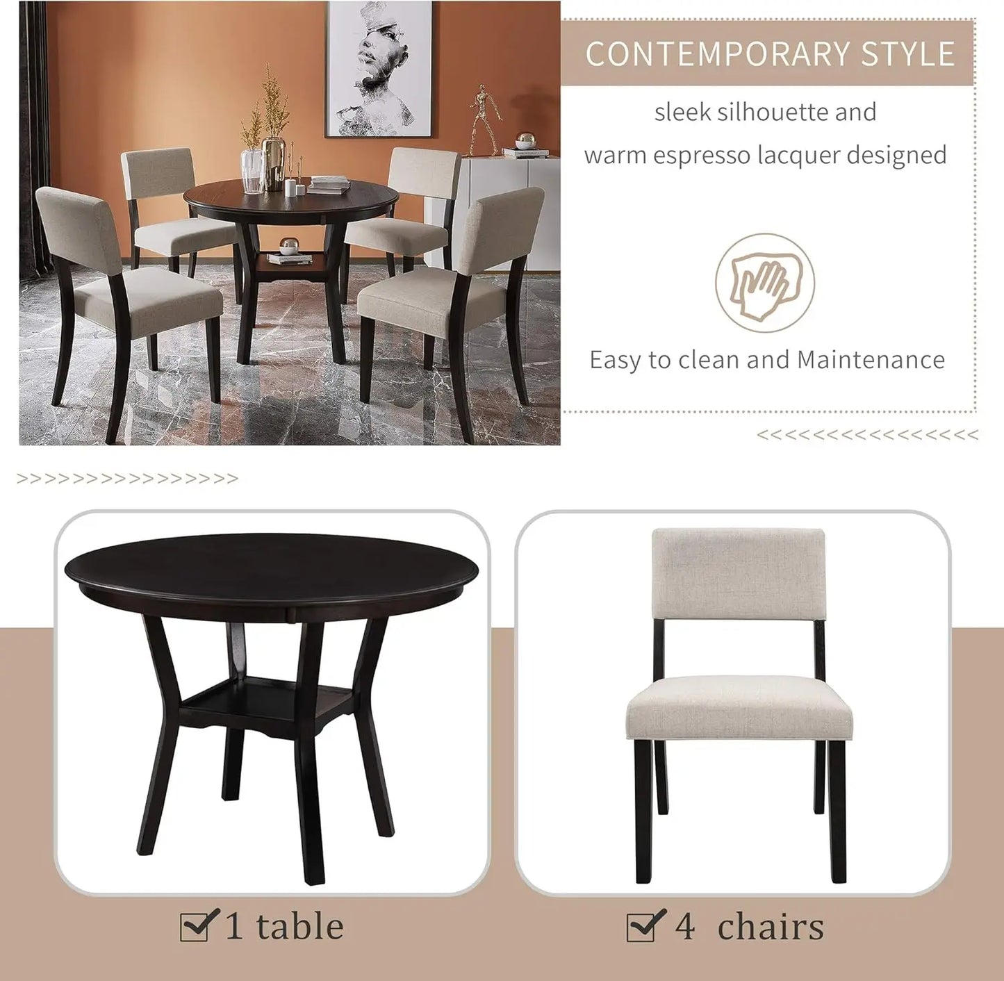 5-Piece Round Dining Table Set, Extendable Table with 4 Upholstered Chairs, Dining Room Table Sets, Kitchen Tables sets