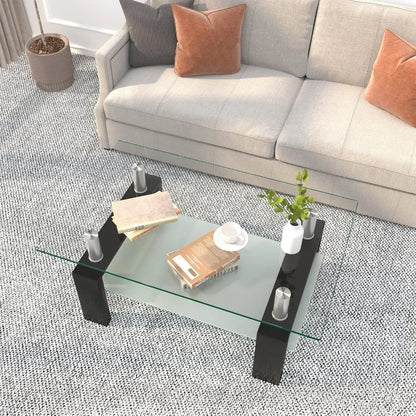 Rectangle Glass Coffee Table 2-Tier Tea Table Modern Side Coffee Table for Living Room