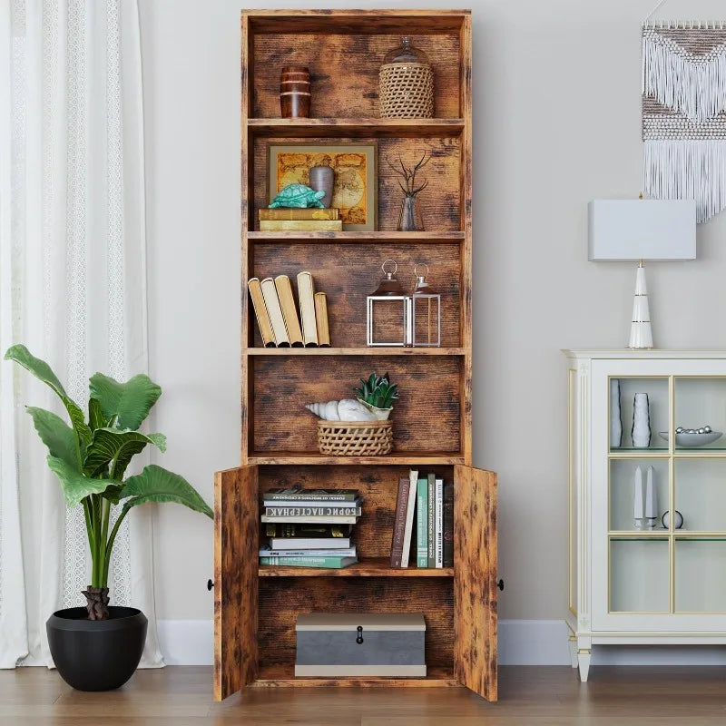 6 Tier Bookshelf and Bookcase, Wooden Bookshelves with Cabinet Doors, Floor Bookshelves and Office Storage Cabinets