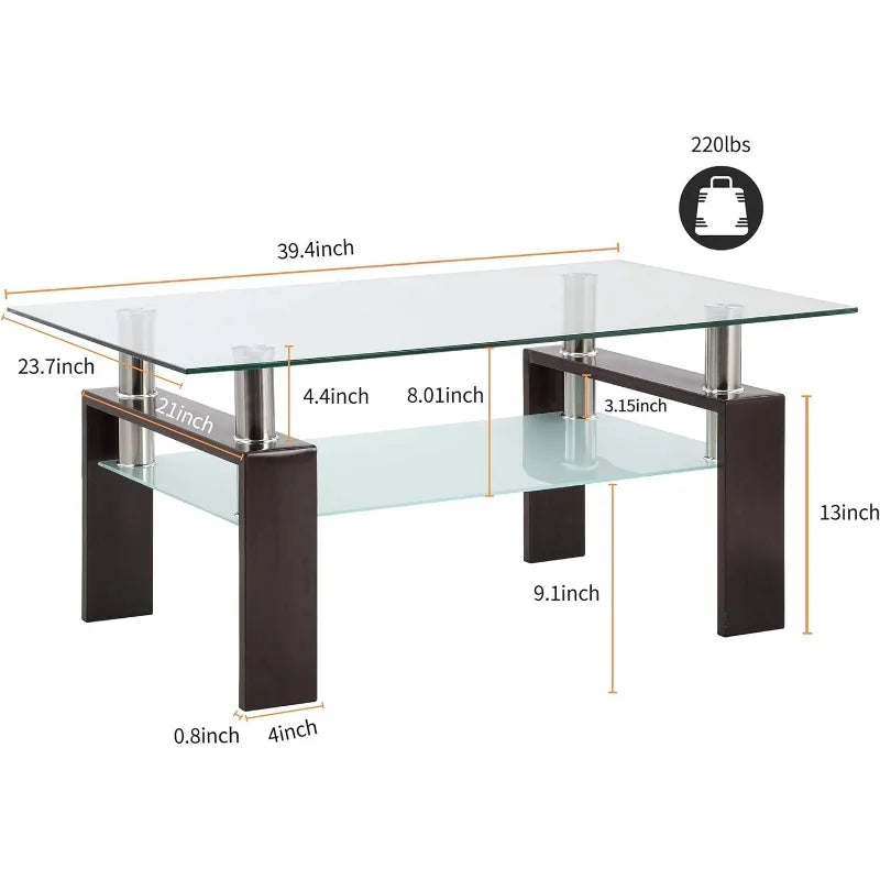 Clear Glass Coffee Table Metal Tube (All-Black)