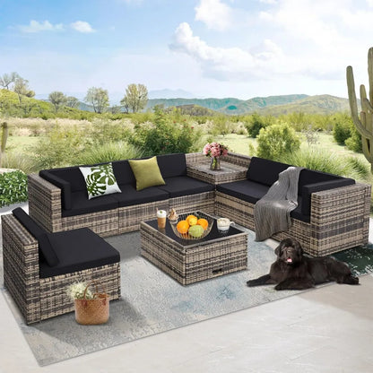 8 Pieces Outdoor Wicker Rattan Patio Furniture, Sectional Set, Glass Top Table, 7 Sofa Sections, Oversized Cushions