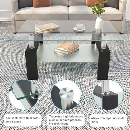 Rectangle Glass Coffee Table 2-Tier Tea Table Modern Side Coffee Table for Living Room