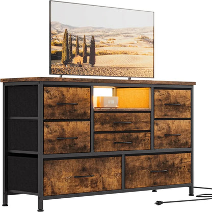 8 Dresser TV Stand with Power Outlet & LED for 55'' TV, Long Dresser for Bedroom with 8 Deep Drawers, Wide Console Table