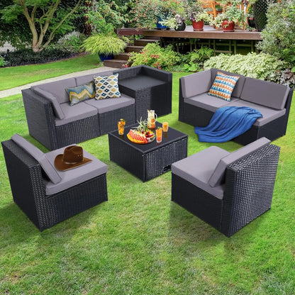 8 Pieces Outdoor Wicker Rattan Patio Furniture, Sectional Set, Glass Top Table, 7 Sofa Sections, Oversized Cushions