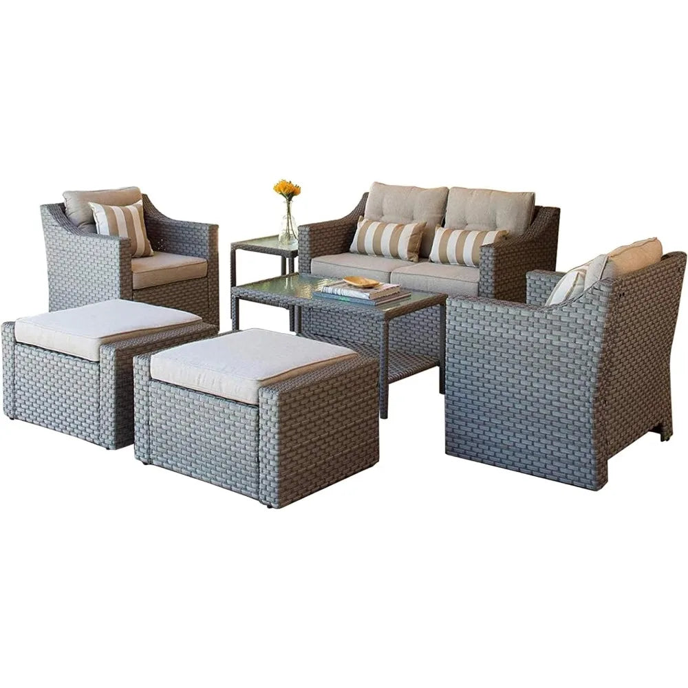 Outdoor Patio Furniture Set 7-Piece Wicker Conversation  Lounge Chairs with Ottoman & Loveseat with Glass Coffee Table Pillow