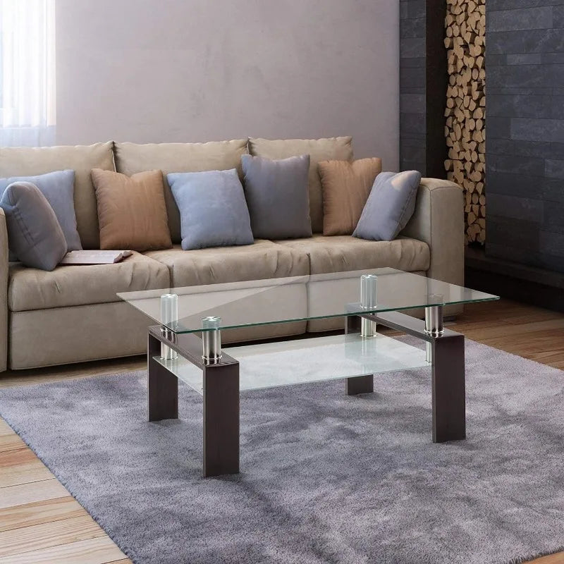 Rectangle Glass Coffee Table 2-Tier Tea Table Modern Side Coffee Table for Living Room