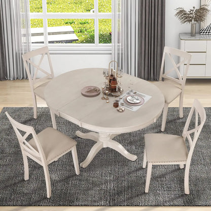 5-Piece Round Dining Table Set, Extendable Table with 4 Upholstered Chairs, Dining Room Table Sets, Kitchen Tables sets