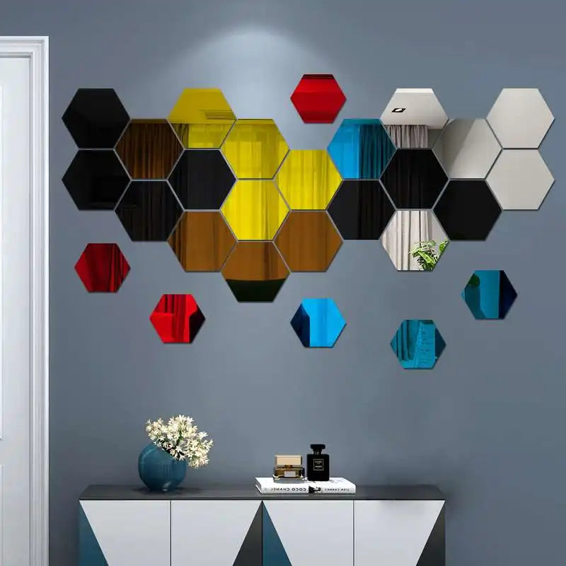 6/12pcs 3D Hexagon Mirror Wall Sticker Rose Gold DIY TV Background Living Room Stickers Wall Decor Bedroom Bathroom Home Decor