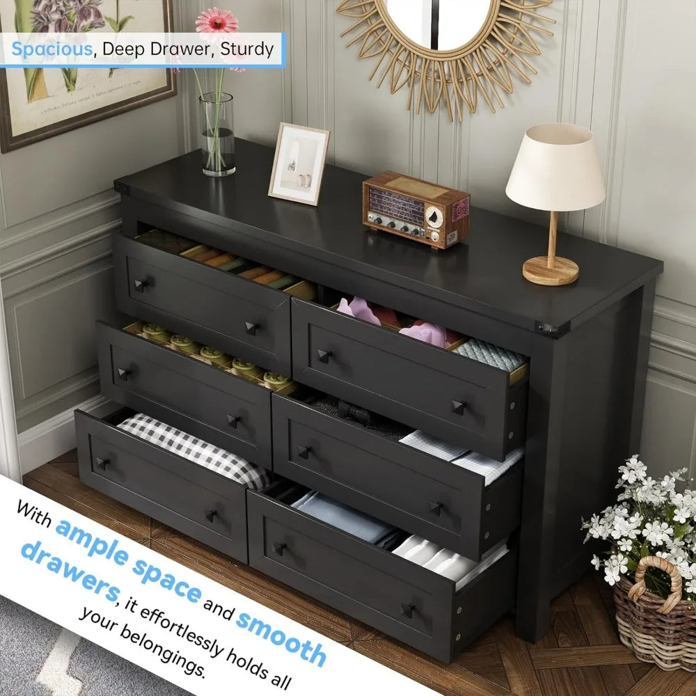 Black Dresser for Bedroom with 6 Drawers, Modern Chest of Drawers, Wood Dressers  bedroom furniture