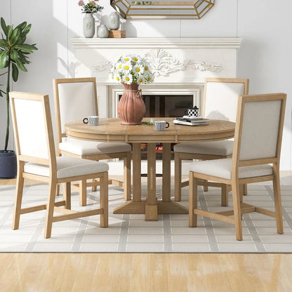 5-Piece Round Dining Table Set, Extendable Table with 4 Upholstered Chairs, Dining Room Table Sets, Kitchen Tables sets