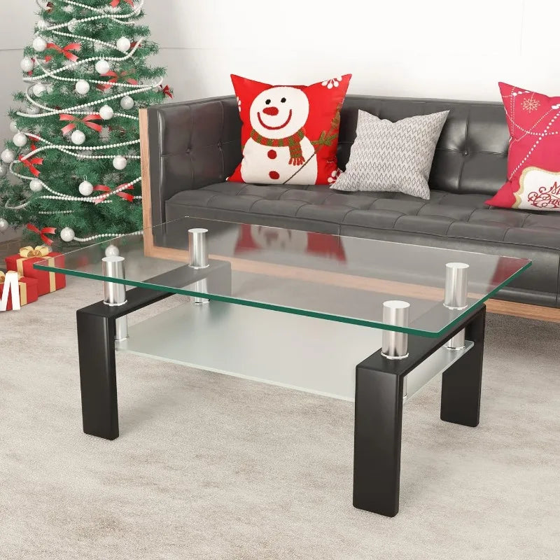 Rectangle Glass Coffee Table 2-Tier Tea Table Modern Side Coffee Table for Living Room