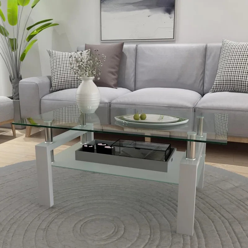 Clear Glass Coffee Table Metal Tube (All-Black)