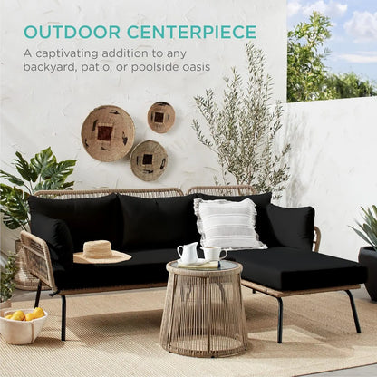 Outdoor Rope Woven Sectional Patio Furniture, L-Shaped Conversation Sofa Set, Thick Cushions, Detachable Lounger, Side Table