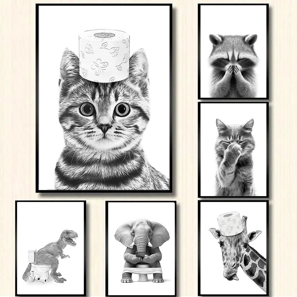 Cat Giraffe Dog Elephant Toilet Paper Bathtub Funny Bathroom Poster Print Canvas Painting Wall Art Shower Room Home Decoration