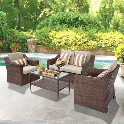 Outdoor Patio Furniture Set 7-Piece Wicker Conversation  Lounge Chairs with Ottoman & Loveseat with Glass Coffee Table Pillow