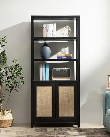 Bookshelf 5 Tier Book Shelf Rattan Boho Tall Bookcase with Doors Storage Wood Shelves Large Bookshelves Farmhouse Bookca