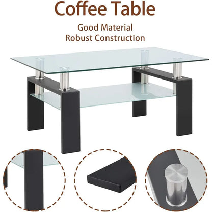 Clear Glass Coffee Table Metal Tube (All-Black)