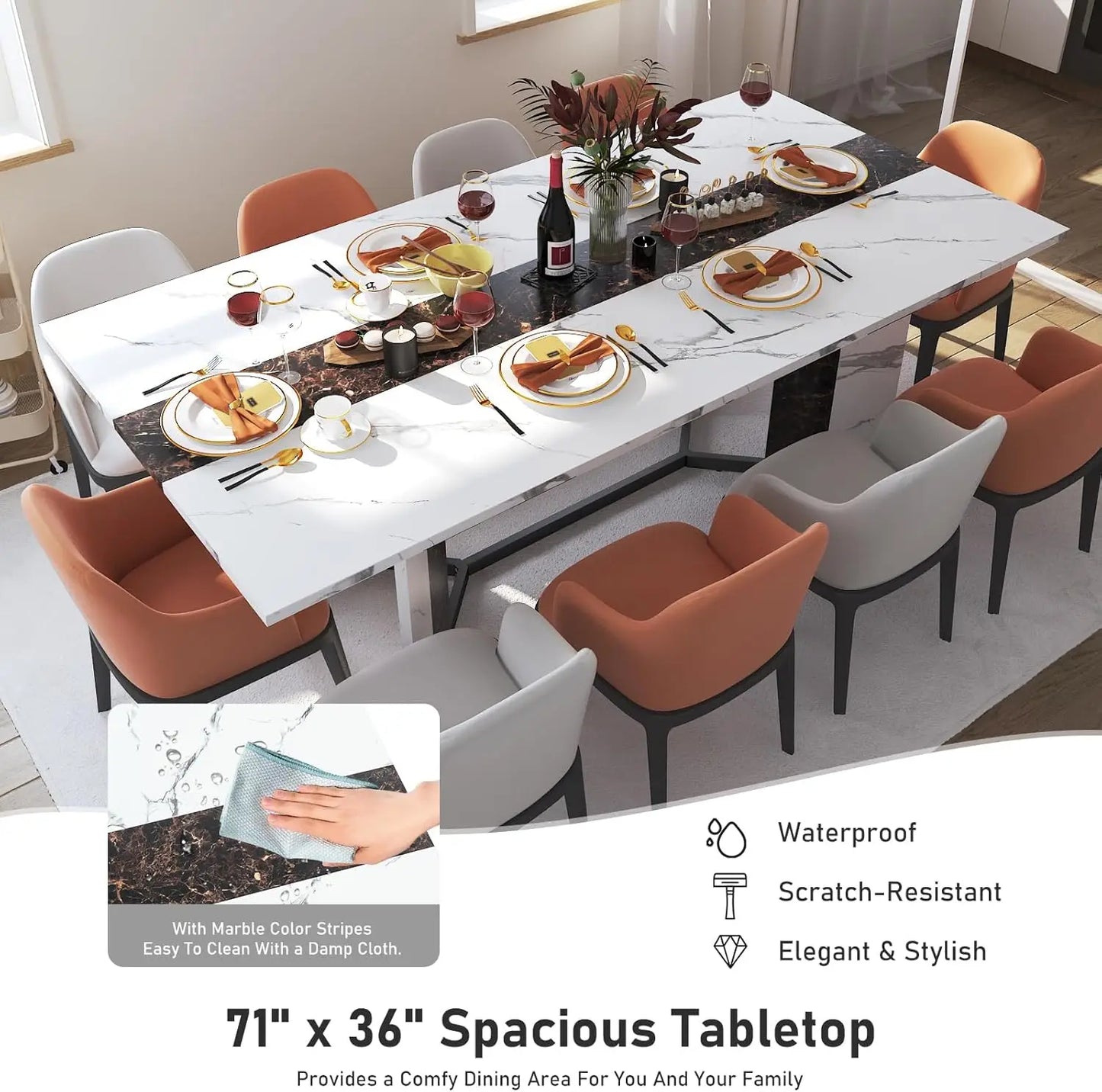 71In Large Rectangular White Dining Table for 4 5 6 7 8 People w/35 Wood Watrproof Tabletop,Adjustable Leg.6ft Luxurious Family