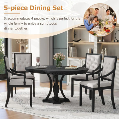 5-Piece Round Dining Table Set, Extendable Table with 4 Upholstered Chairs, Dining Room Table Sets, Kitchen Tables sets