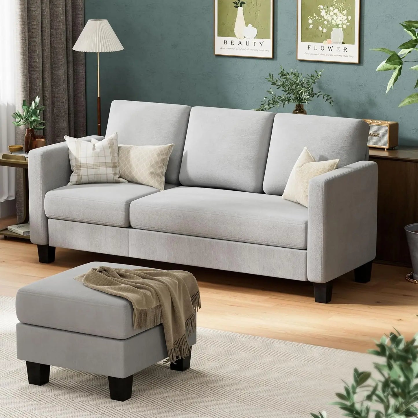 Convertible Sectional Sofa Couch, 3 Seat L-Shaped Sofa with Linen Fabric, Movable Ottoman Small Couch for Small Apartments