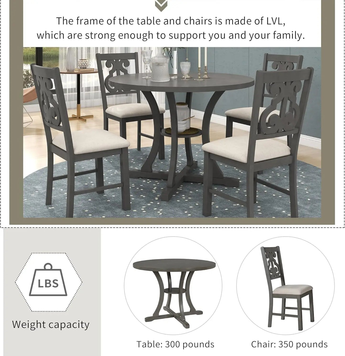 5-Piece Round Dining Table Set, Extendable Table with 4 Upholstered Chairs, Dining Room Table Sets, Kitchen Tables sets