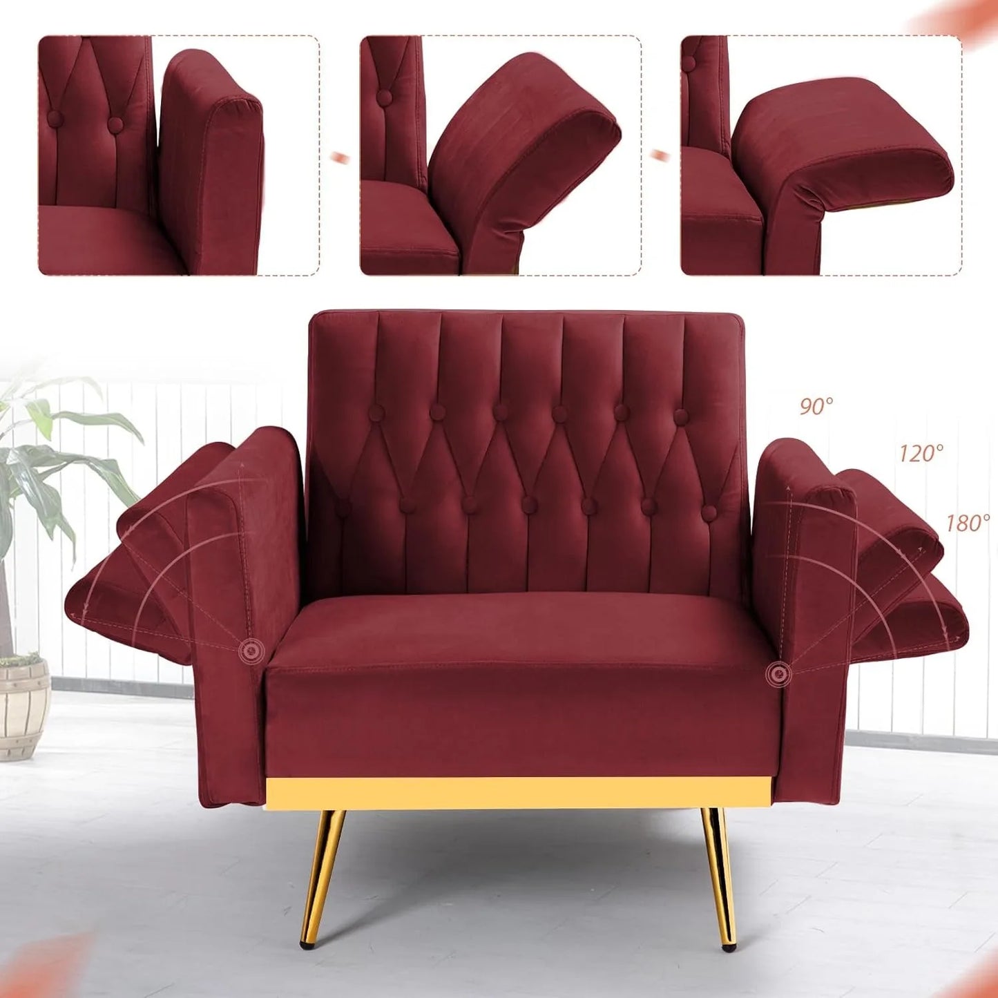 Velvet Accent Chair with Adjustable Armrests and Backrest, Button Tufted Lounge Chair, Single Recliner Armchair with Ottoman