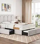 Queen Frame Upholstered Platform Bed With Fabric Headboard, Wing Edge Design/Non-Slip And Noise-Free/Wooden Slats