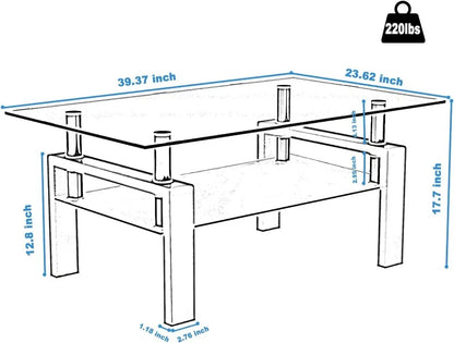 Rectangle Glass Coffee Table 2-Tier Tea Table Modern Side Coffee Table for Living Room