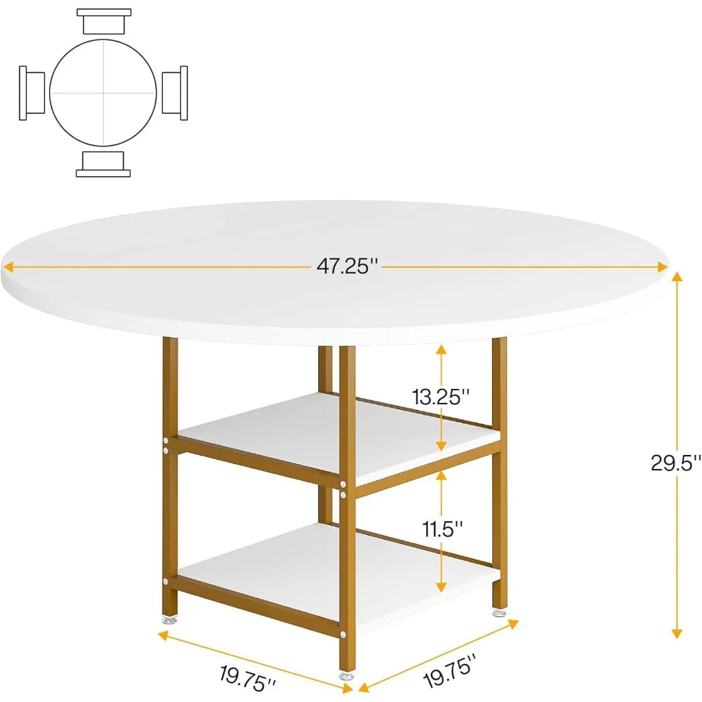 47 inch Round Dining Table for 4, Dinner Table with Storage Shelf Metal Legs for Home Dining Room Living Room(Only Table)