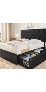 Queen Size Bed Frame with USB Charging Station/Port Storage Drawers,Leather Upholstered Platform Bed with Headboard