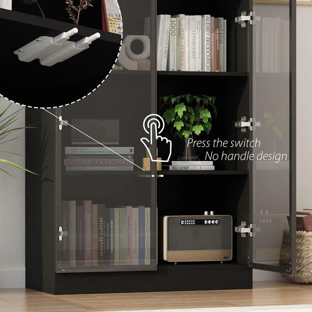 Display Cabinet with Glass Doors and Lights, 4-Tier Storage Shelves, Pop-up Design,  Display Case Cabinet Black