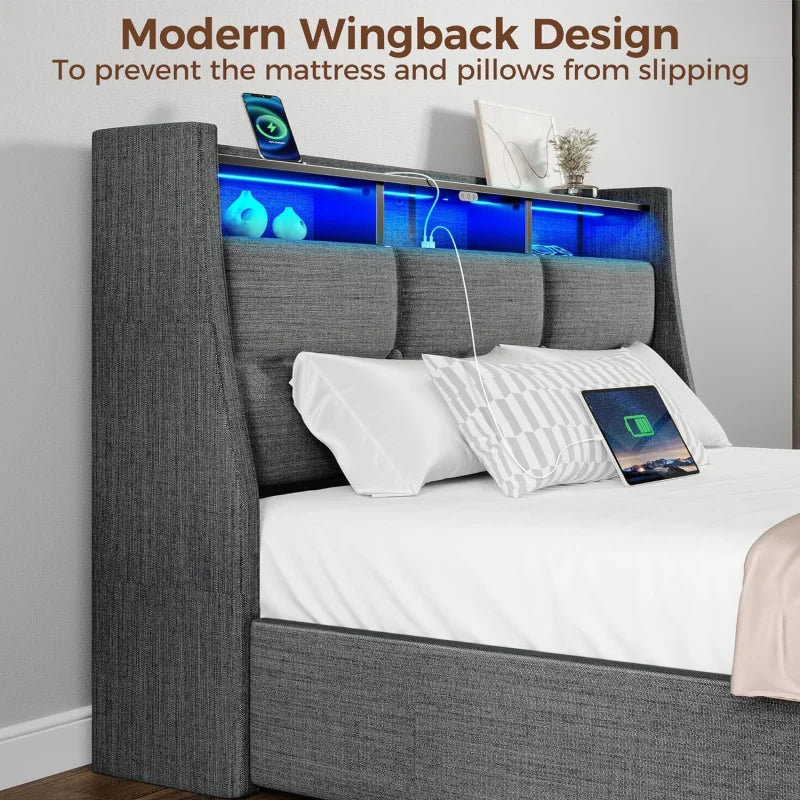 Twin Size Frame With LED Lights And Charging Station, Upholstered Bed Storage Headboard &Amp; Drawers, Heavy Duty