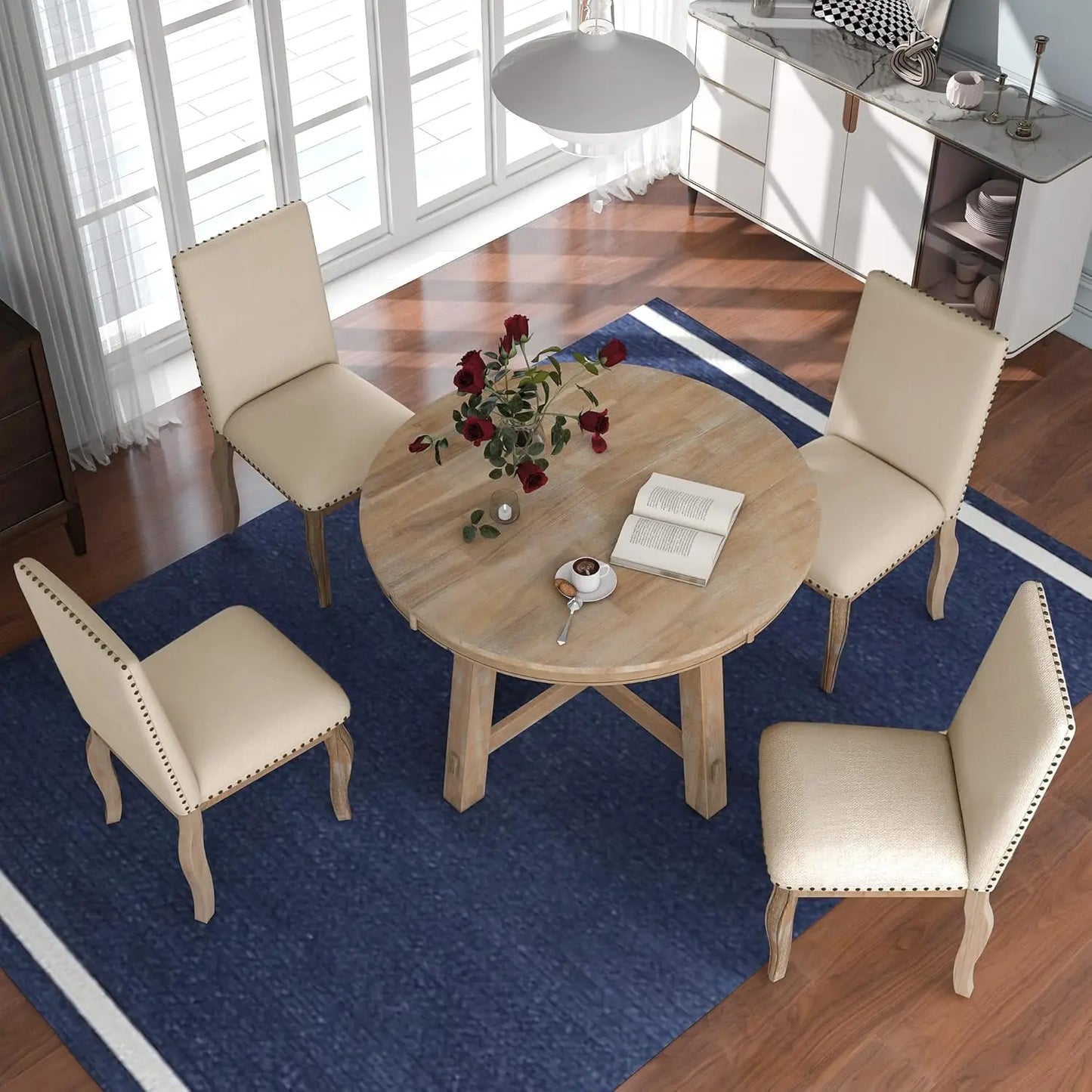 5-Piece Round Dining Table Set, Extendable Table with 4 Upholstered Chairs, Dining Room Table Sets, Kitchen Tables sets