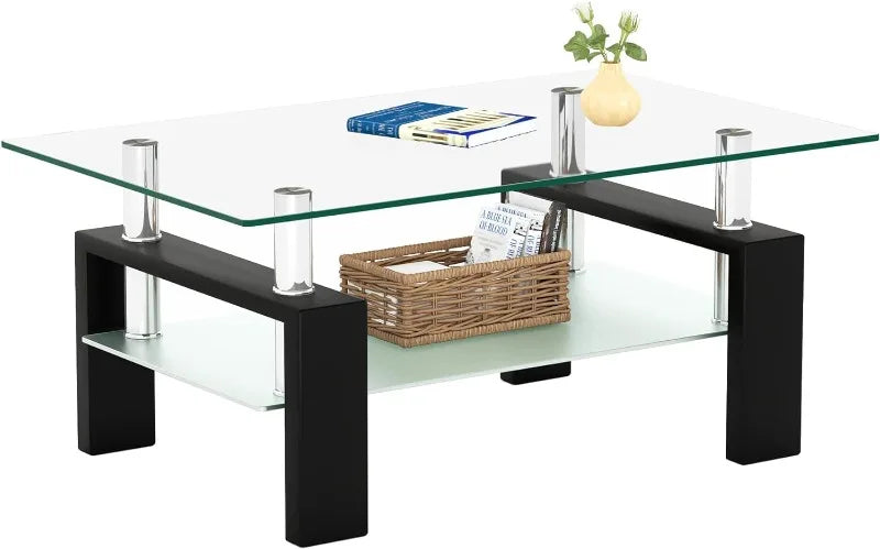 Rectangle Glass Coffee Table 2-Tier Tea Table Modern Side Coffee Table for Living Room