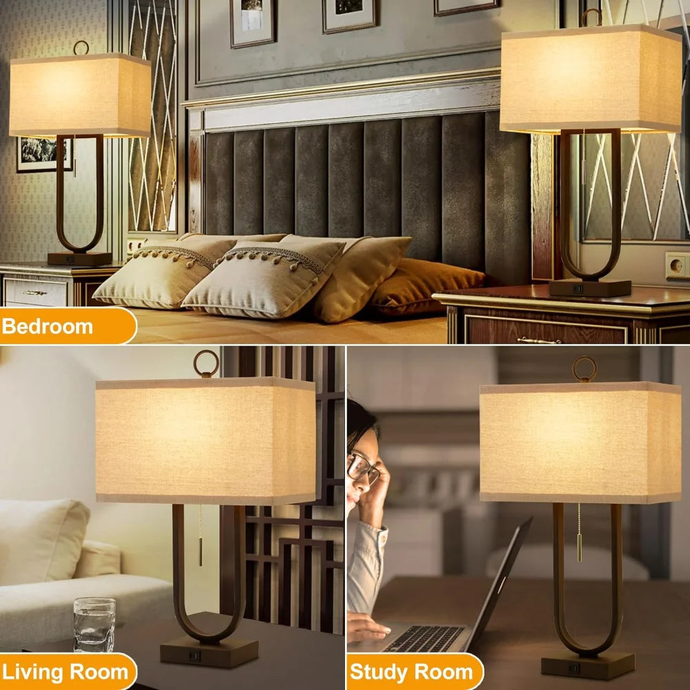 Luvkczc Nightstand Lamps Set of 2 with USB C+A Ports, 24'' Tall Table Lamp with Two 3000K LED Bulbs, Linen Lampshade