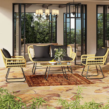 4-Piece Patio Furniture Wicker Outdoor Bistro Set, All-Weather Rattan Conversation Loveseat Chairs for Backyard