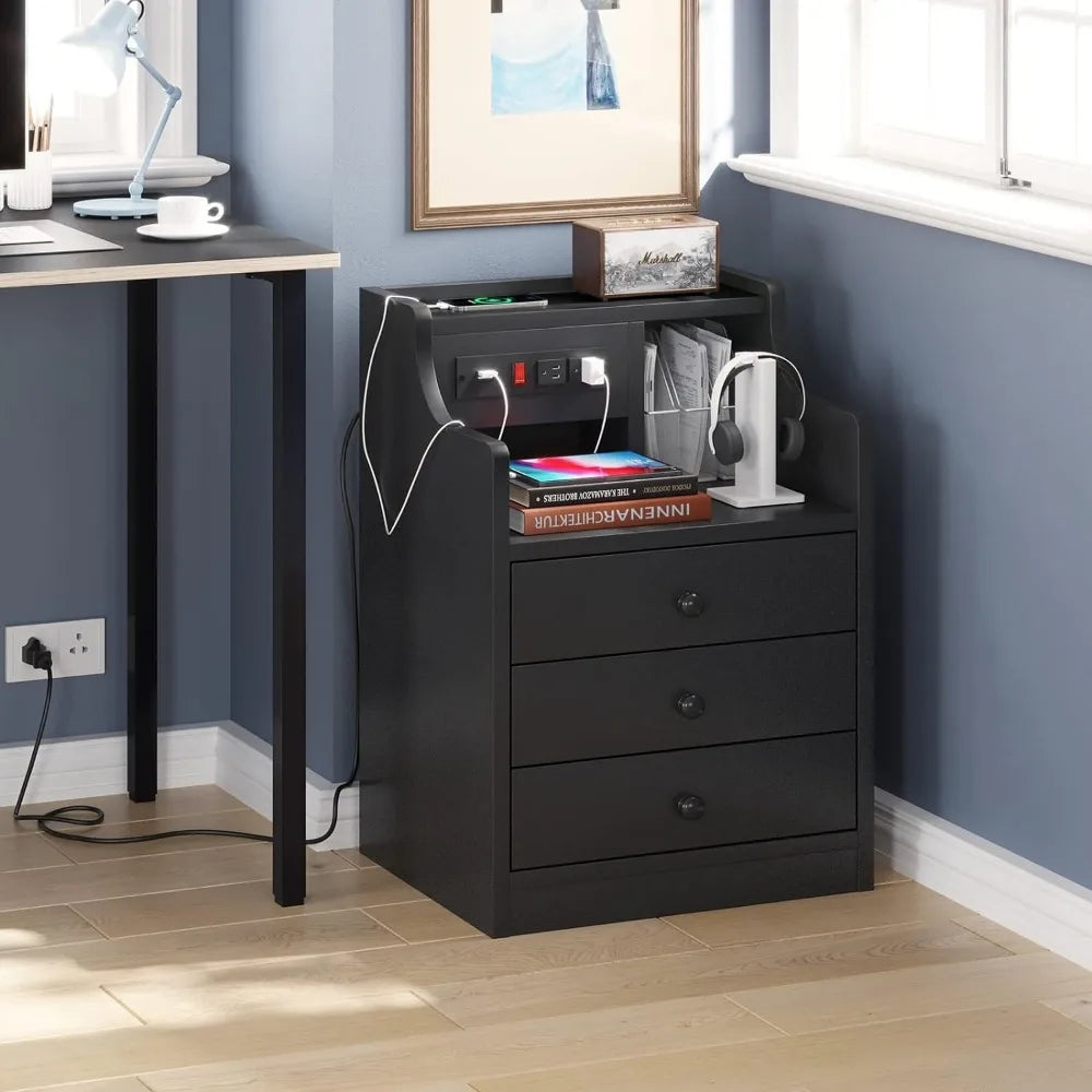 Nightstand with Charging Station,Black Night Stand for Bedroom,End Table with Hutch & Storage Drawers