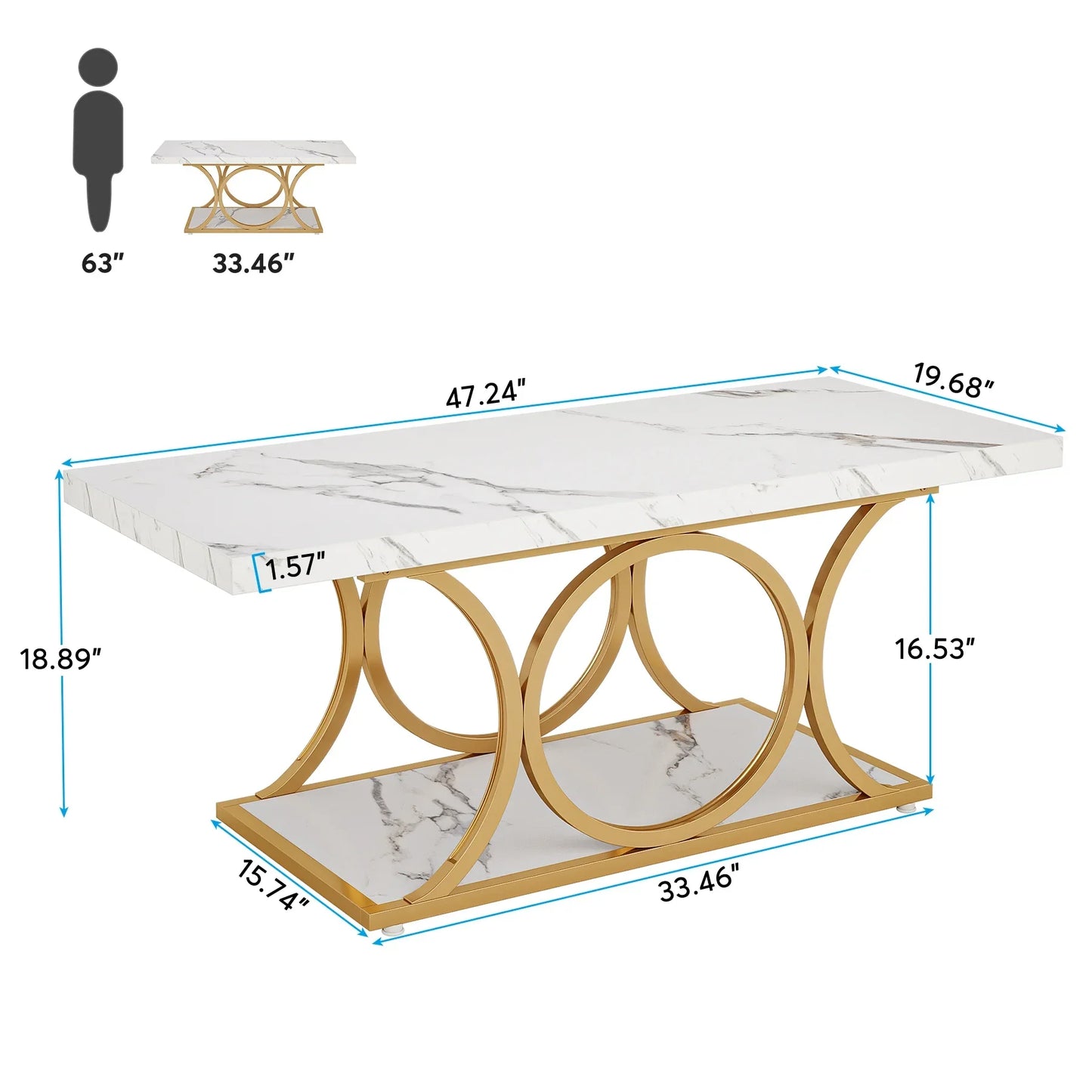 Tribesigns Rectangle Coffee Table, 47.24-inch Modern Coffee Tables for Living Room, 2-Tier Faux Marble Wood Coffee Table