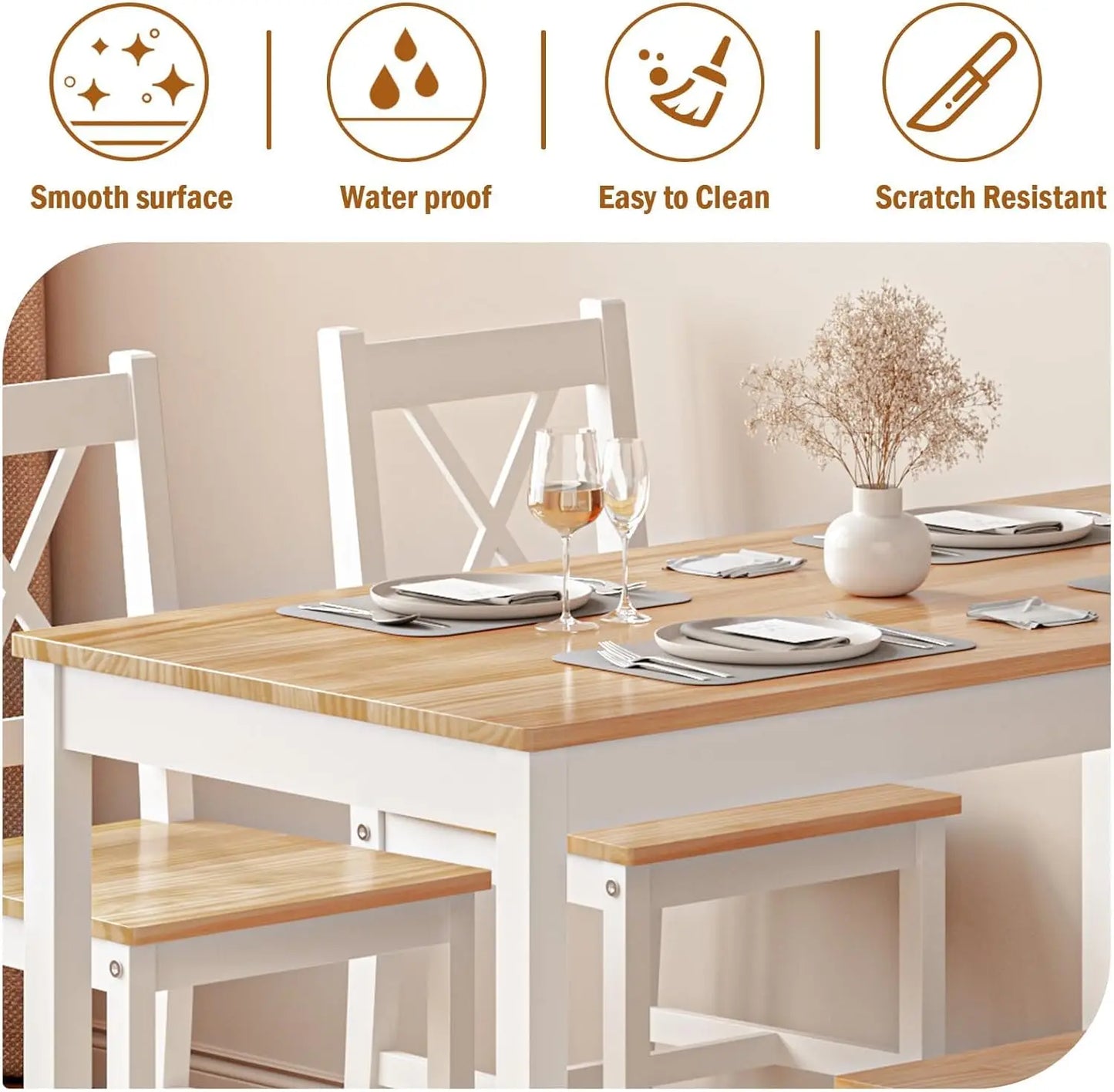 Dining Table Set for 4, 5-Piece Wood Kitchen Dining Table Set with 4 Chairs for Kitchen Dining Room Restaurant Small Space