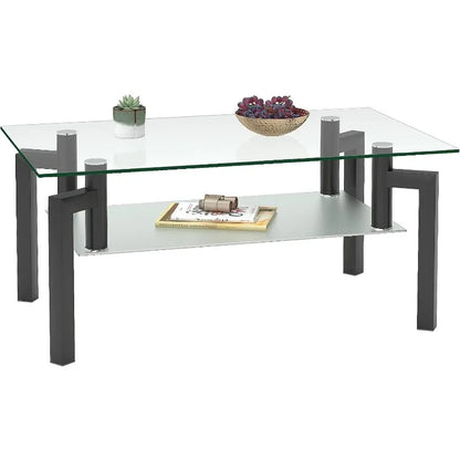 Clear Glass Coffee Table Metal Tube (All-Black)