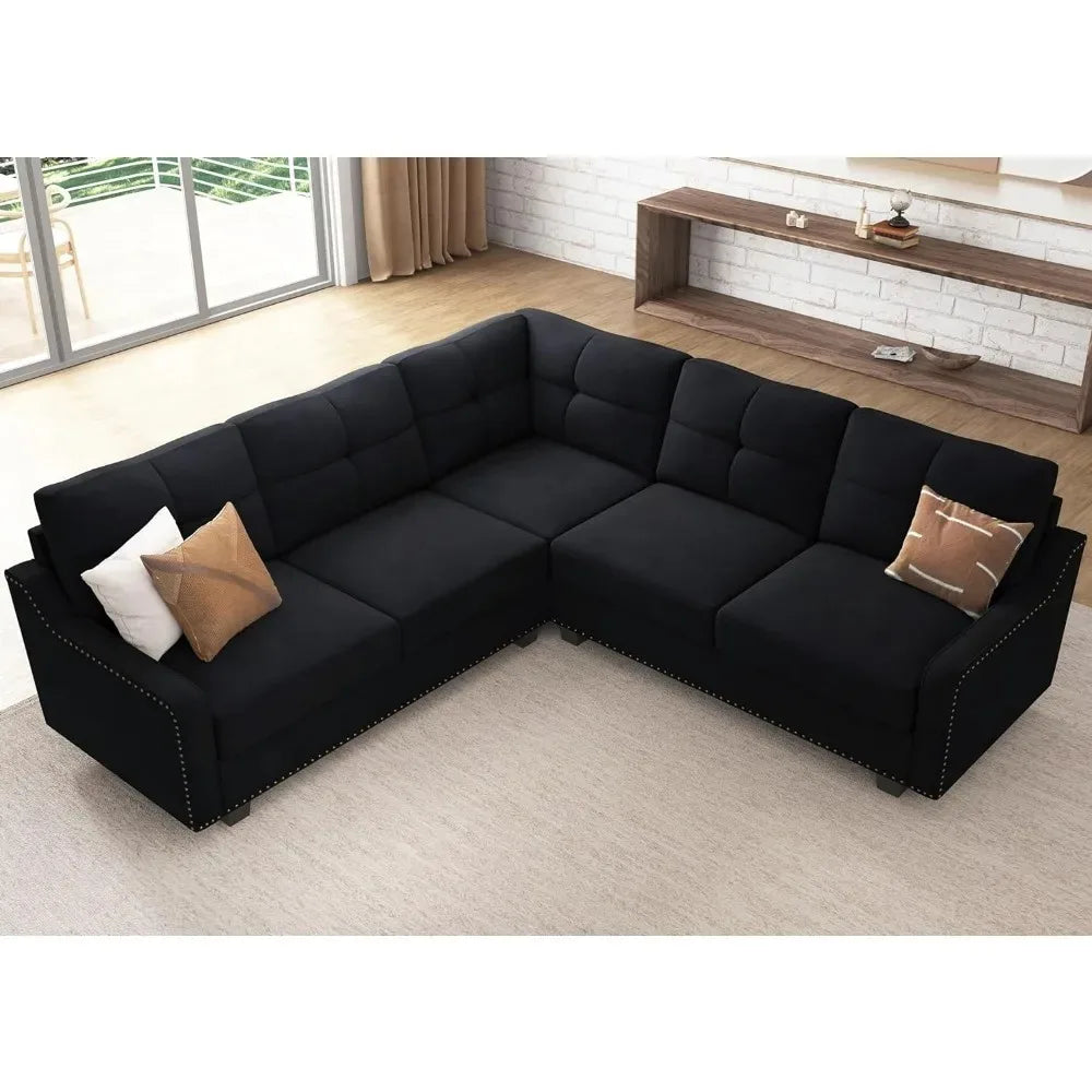 Living Room Convertible Sectional Sofa, L Shaped Couch for Small Apartment, Reversible Sectional Couch, Velvet Black