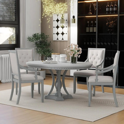 5-Piece Round Dining Table Set, Extendable Table with 4 Upholstered Chairs, Dining Room Table Sets, Kitchen Tables sets